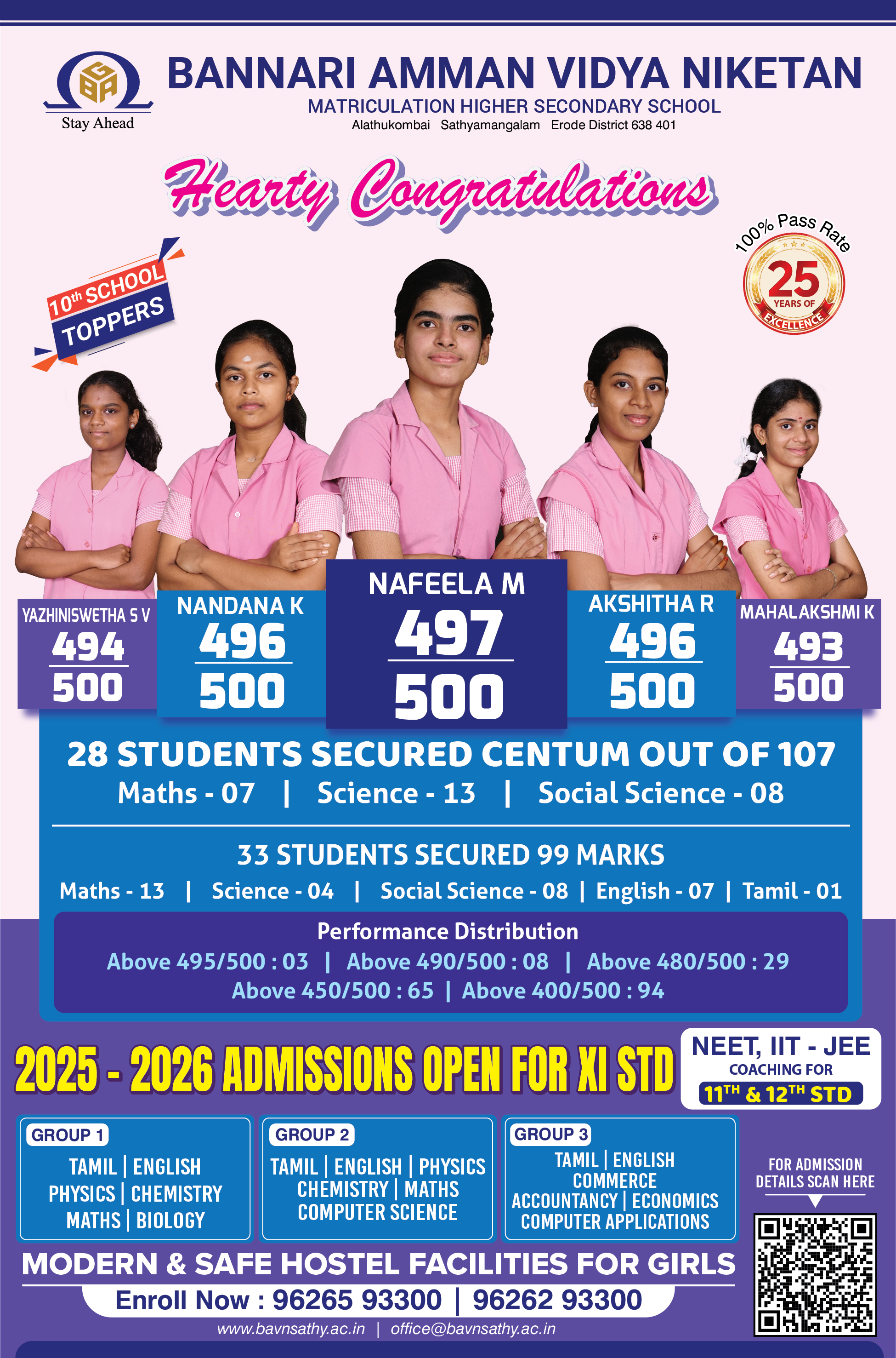 Bannari Amman Matriculation School Celebrating Our School Toppers XII Public Examination 2024-2025 - State Second in Tamil Nadu